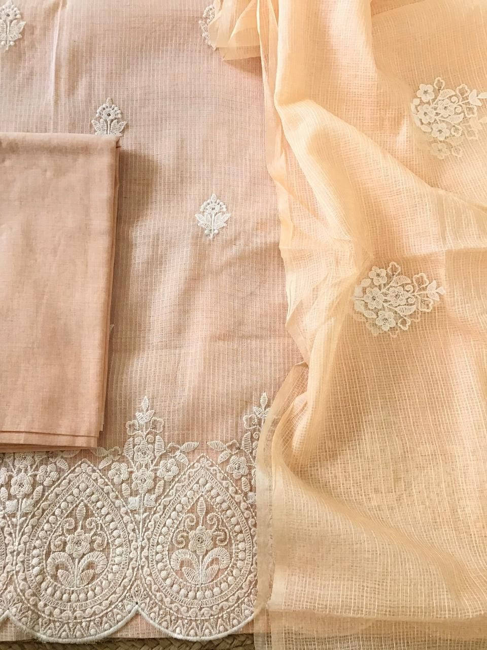 Soft Kota Silk Embroidered Suit - Peach