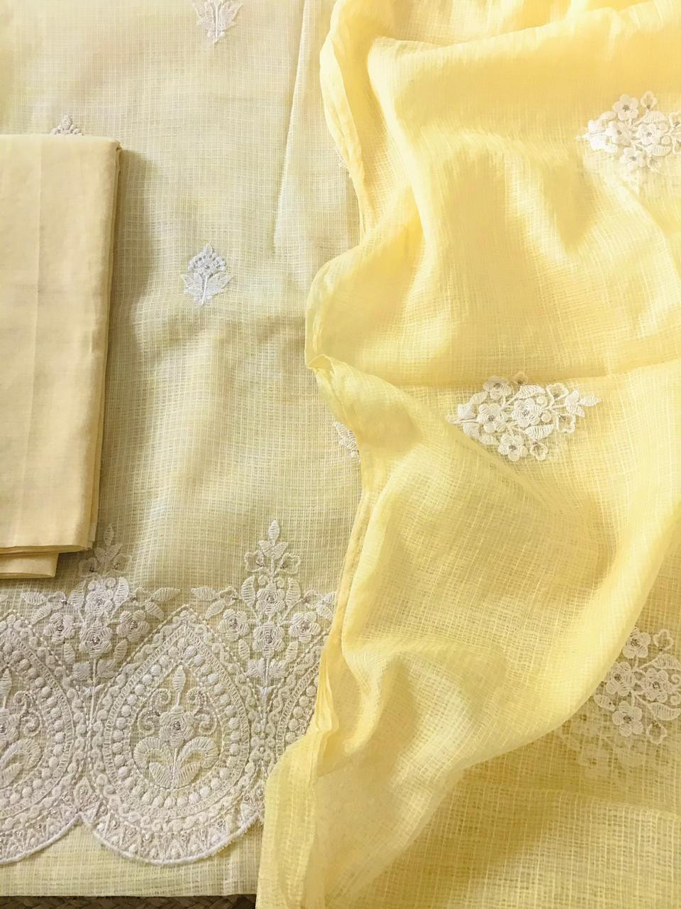 Soft Kota Silk Embroidered Suit - Yellow
