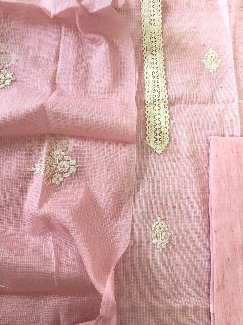 Soft Kota Silk Embroidered Suit - Pink