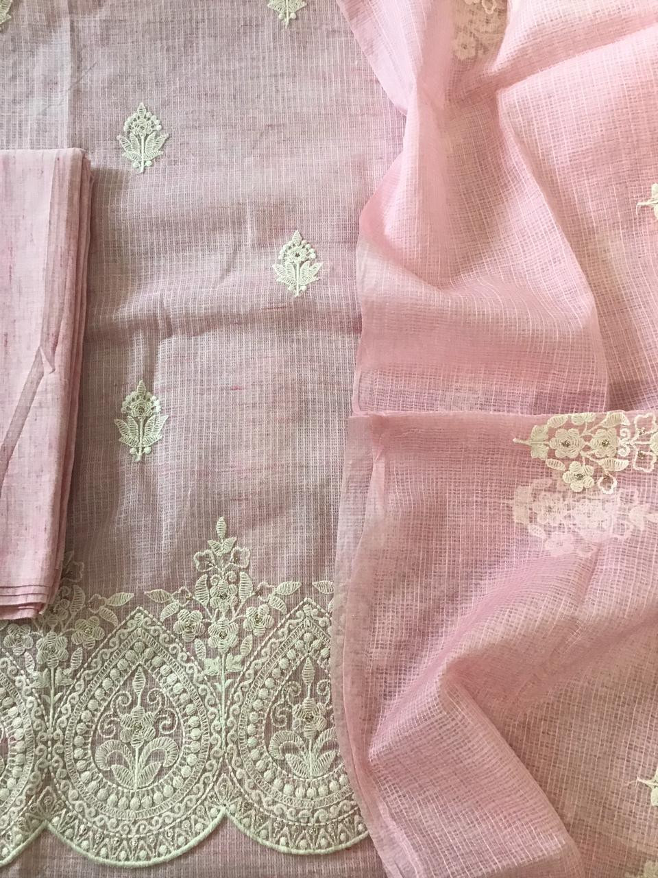 Soft Kota Silk Embroidered Suit - Pink
