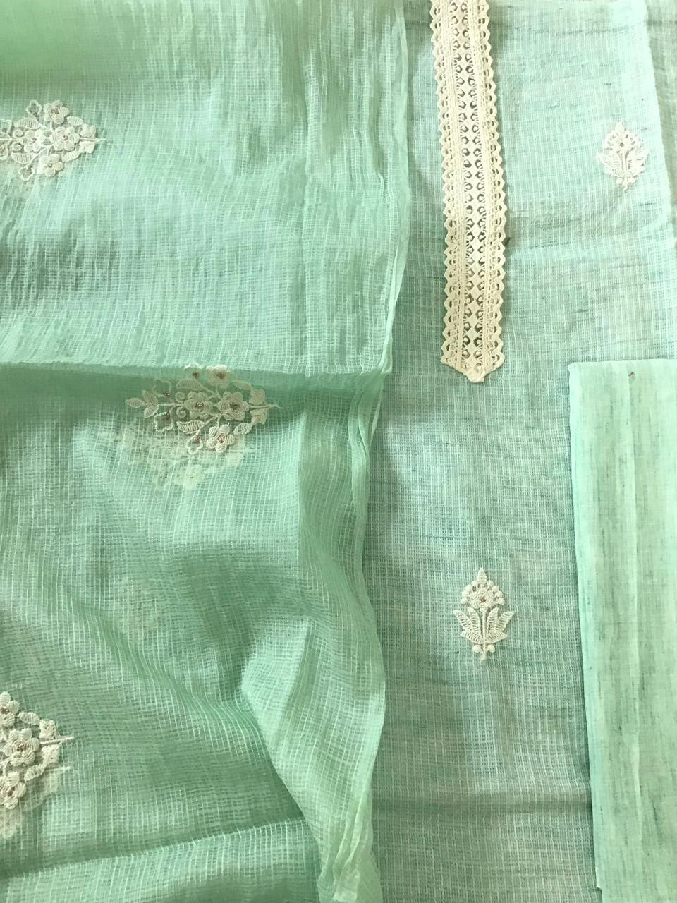 Soft Kota Silk Embroidered Suit - Sea Green