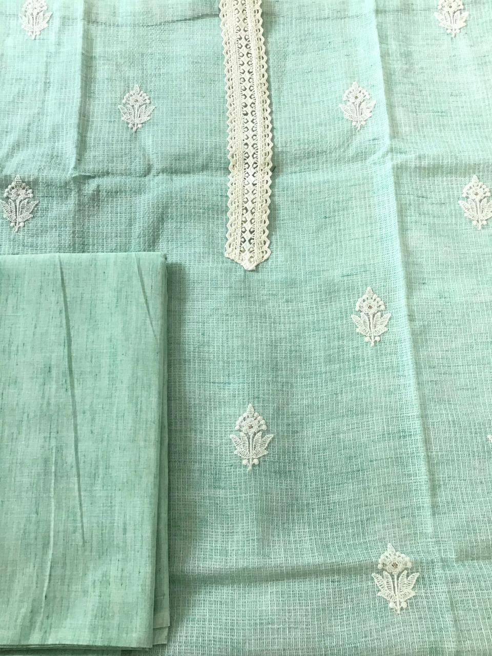 Soft Kota Silk Embroidered Suit - Sea Green