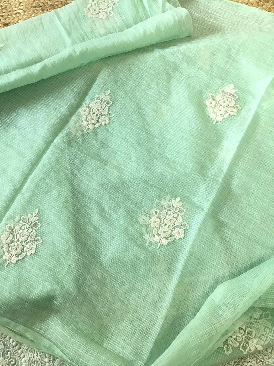 Soft Kota Silk Embroidered Suit - Sea Green