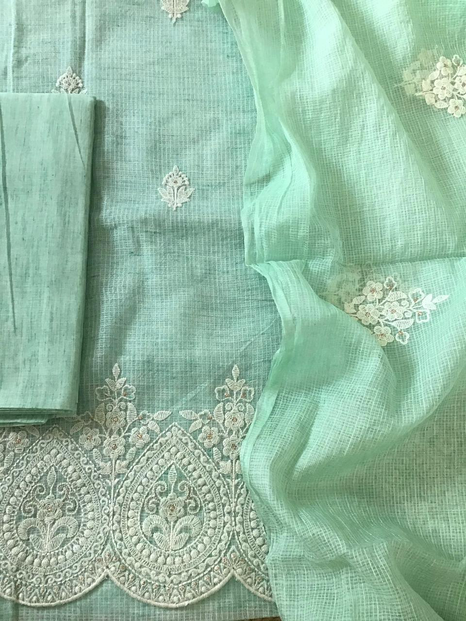 Soft Kota Silk Embroidered Suit - Sea Green