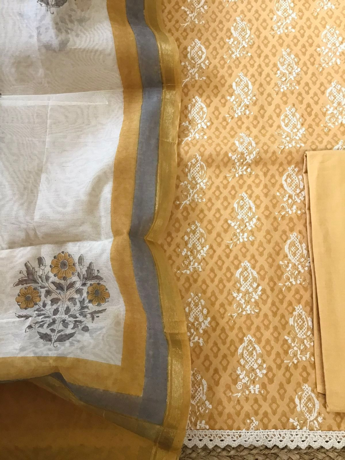 Pure Cotton Printed Embroidered Suit - Orangish Yellow
