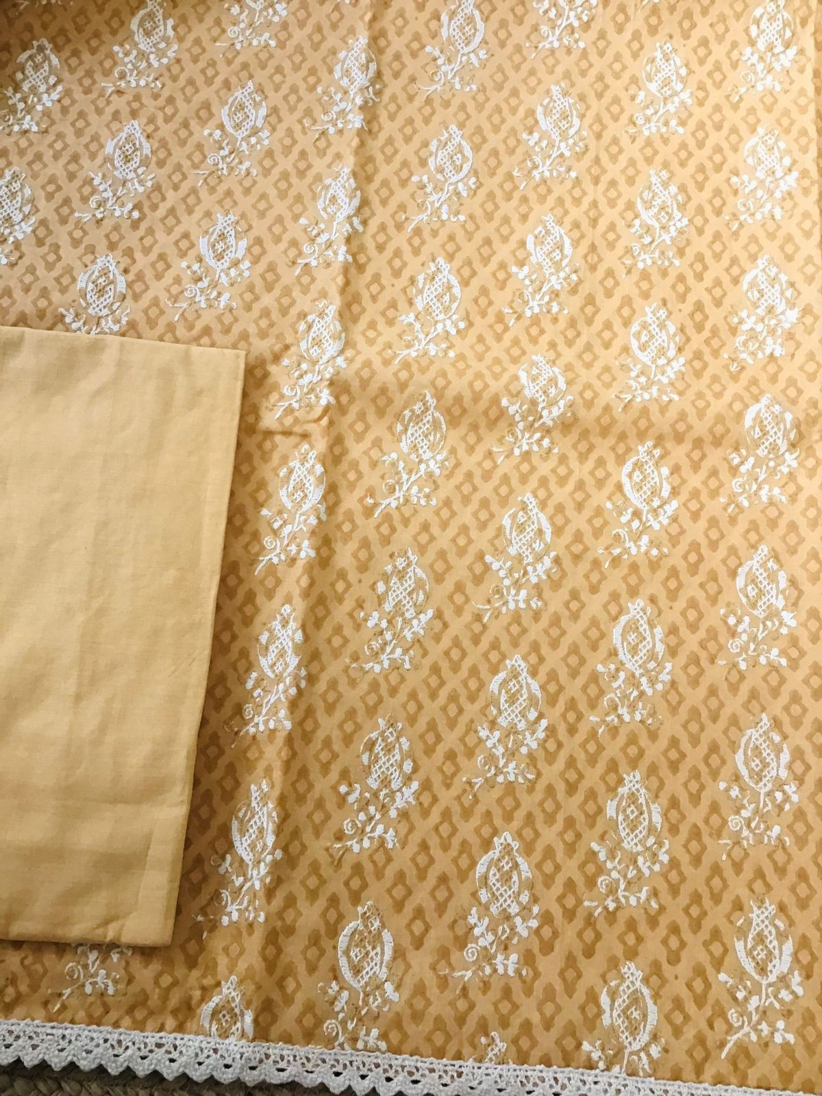 Pure Cotton Printed Embroidered Suit - Orangish Yellow