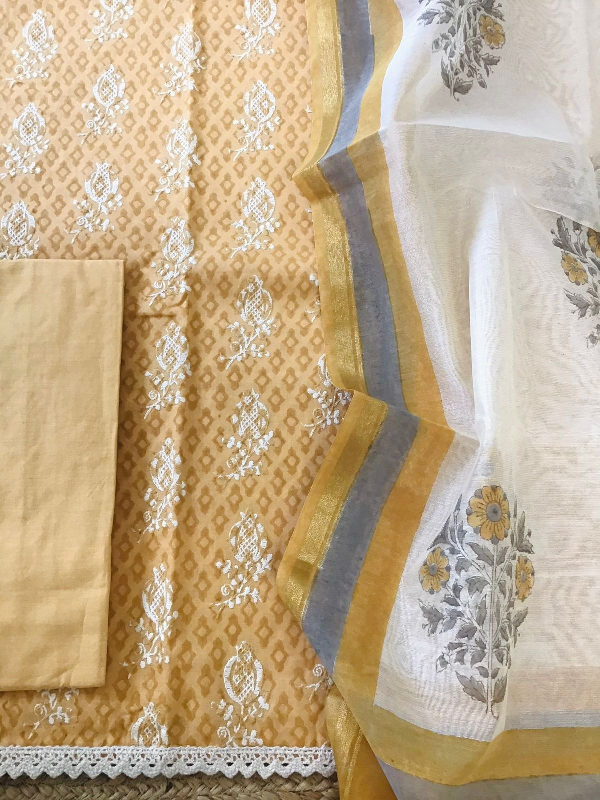 Pure Cotton Printed Embroidered Suit - Orangish Yellow