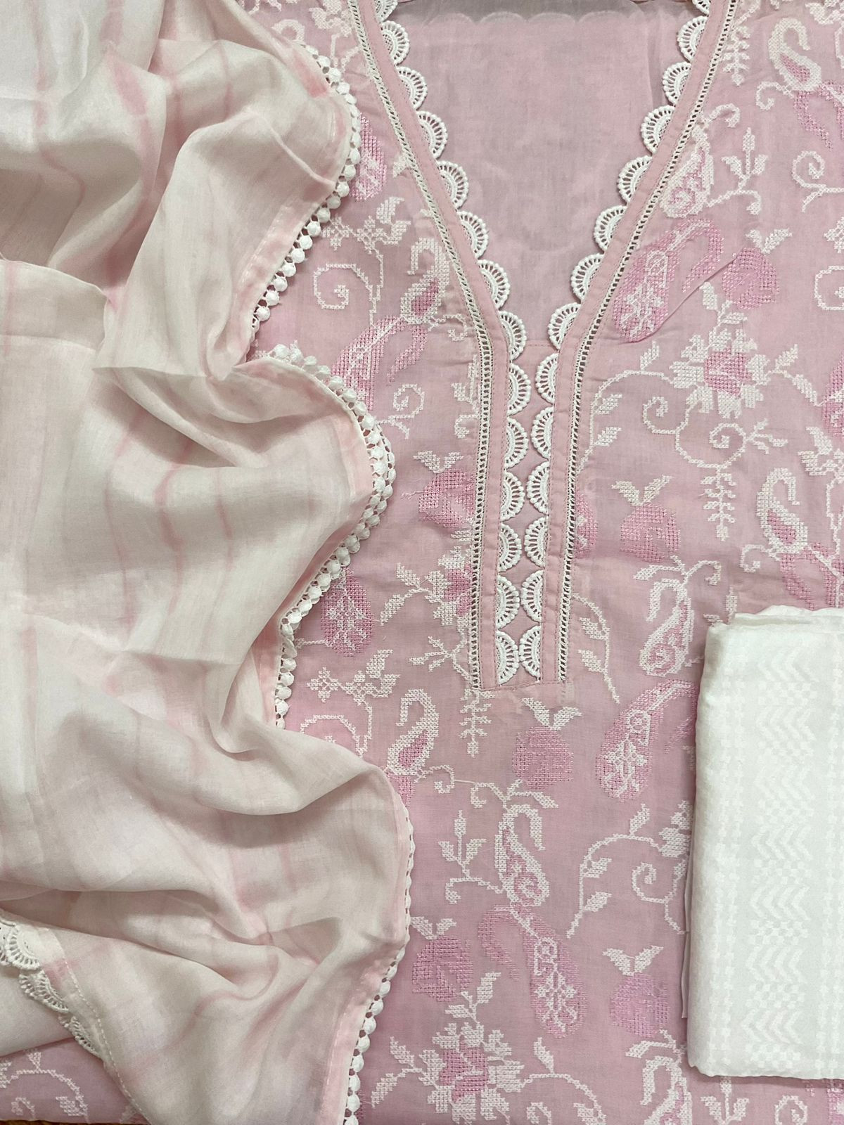 Pure Cotton Printed Embroidered Suit - Pink