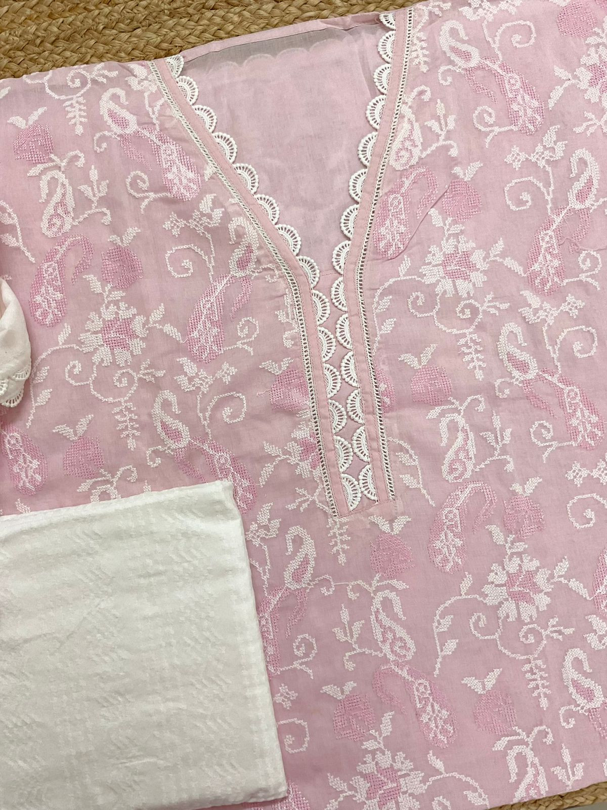 Pure Cotton Printed Embroidered Suit - Pink