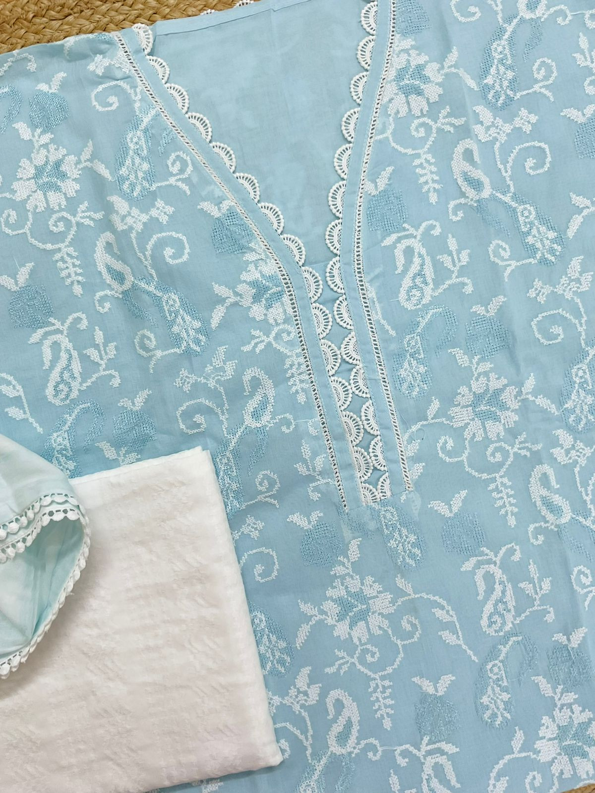 Pure Cotton Printed Embroidered Suit - Blue