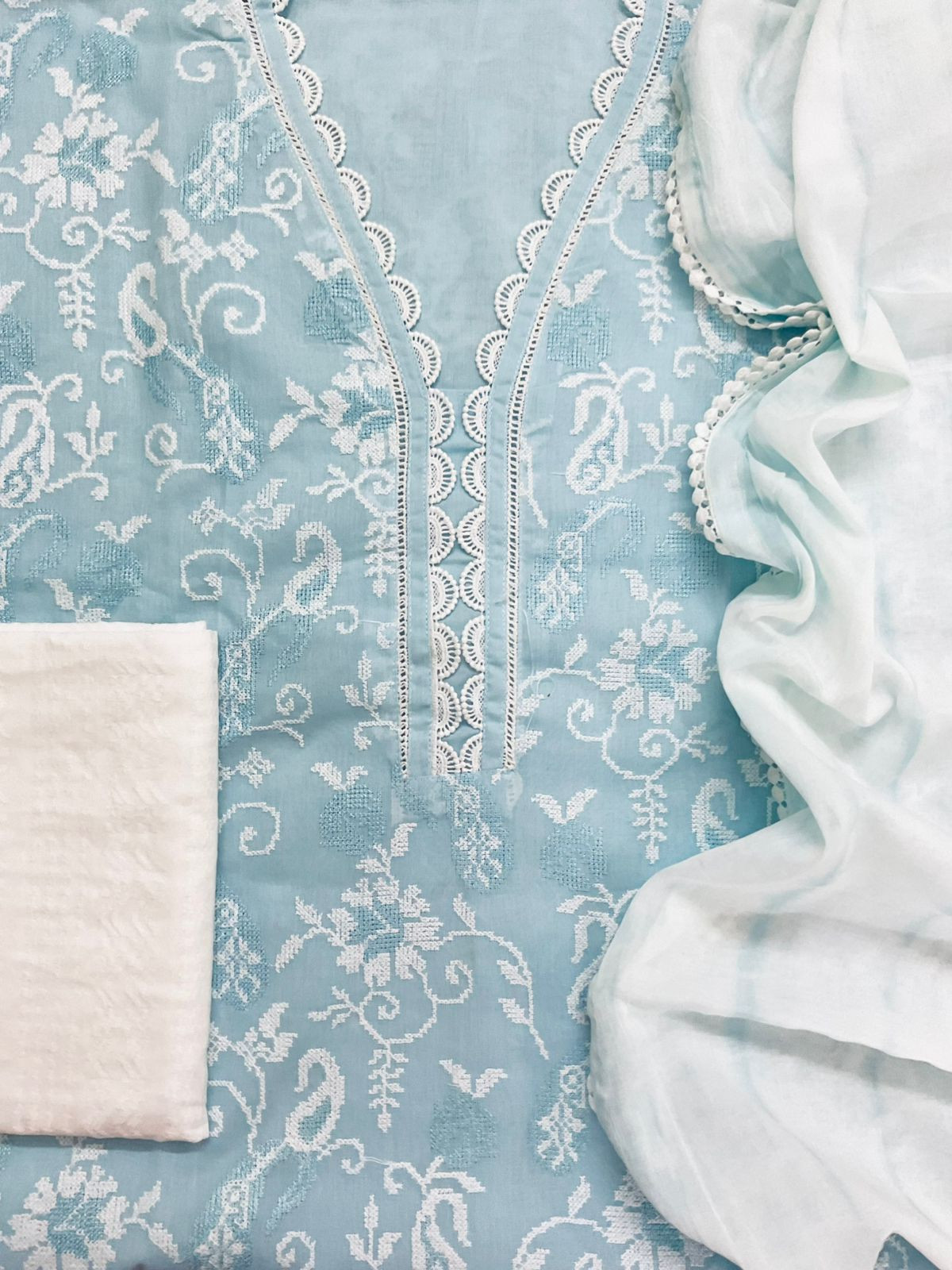 Pure Cotton Printed Embroidered Suit - Blue