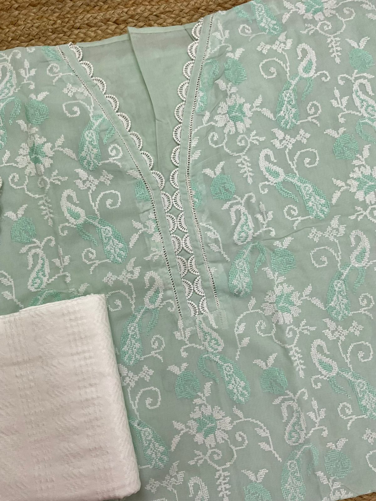 Pure Cotton Printed Embroidered Suit - Green