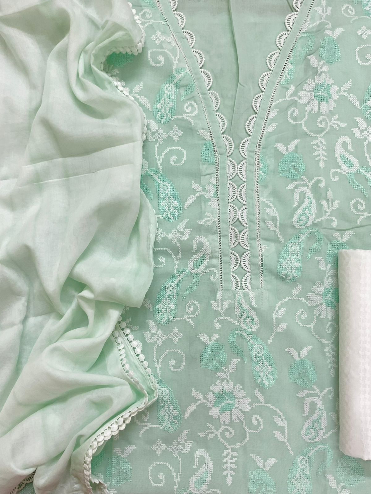 Pure Cotton Printed Embroidered Suit - Green