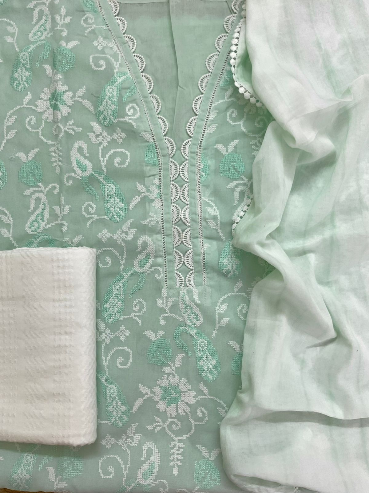 Pure Cotton Printed Embroidered Suit - Green