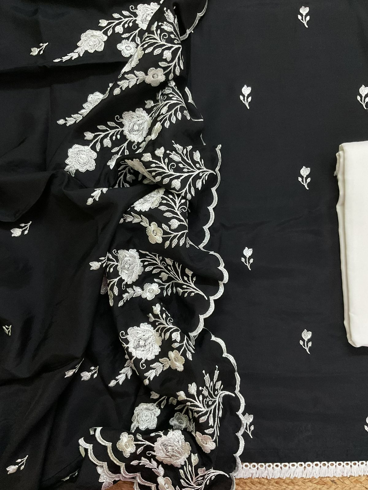 Pure Muslin Embroidered Suit - Black