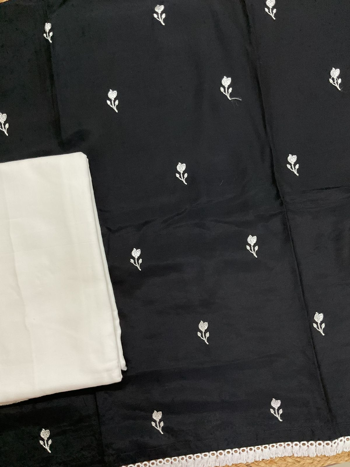 Pure Muslin Embroidered Suit - Black