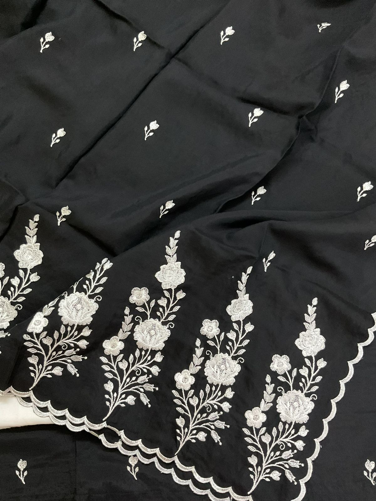 Pure Muslin Embroidered Suit - Black
