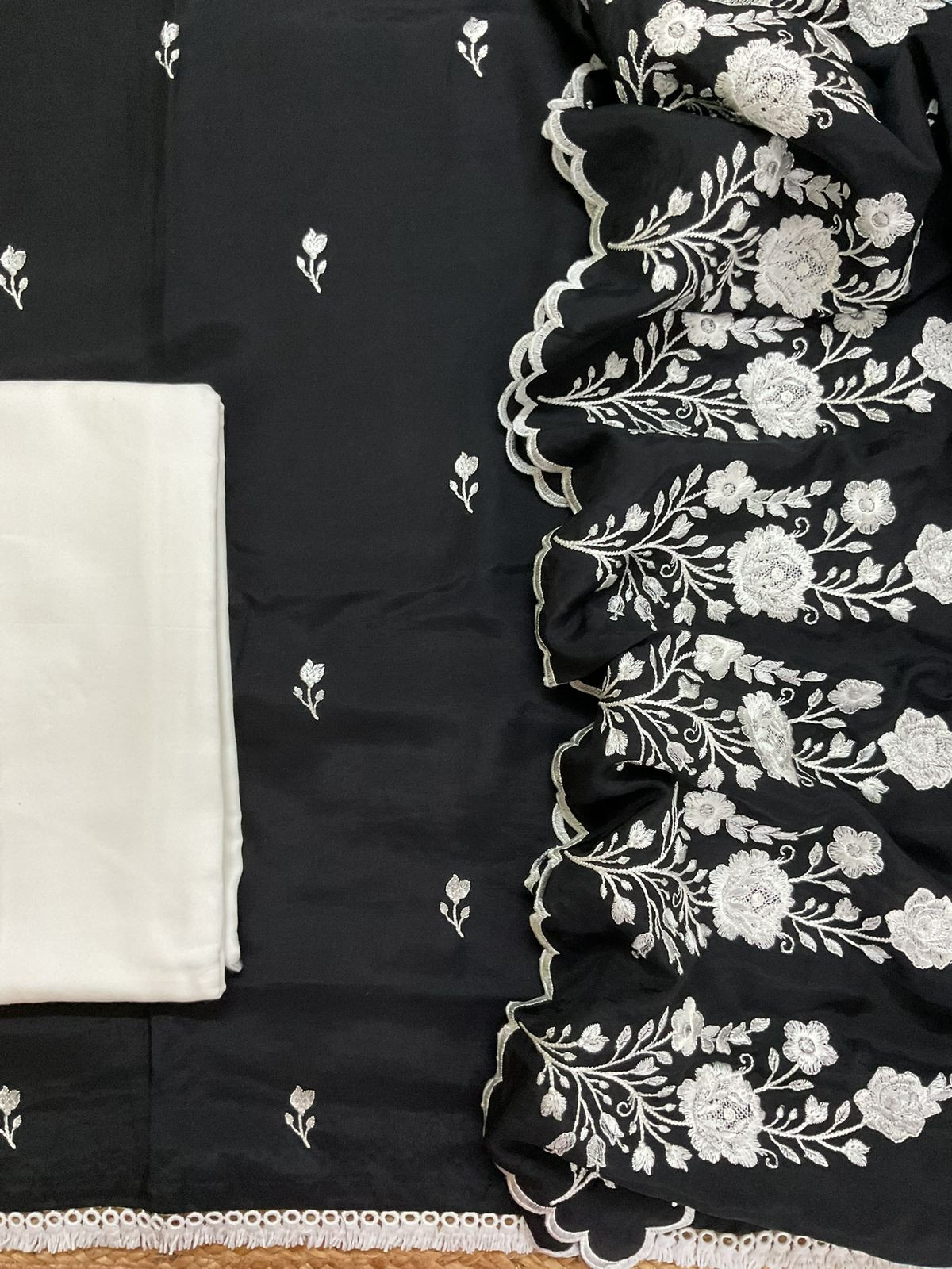 Pure Muslin Embroidered Suit - Black