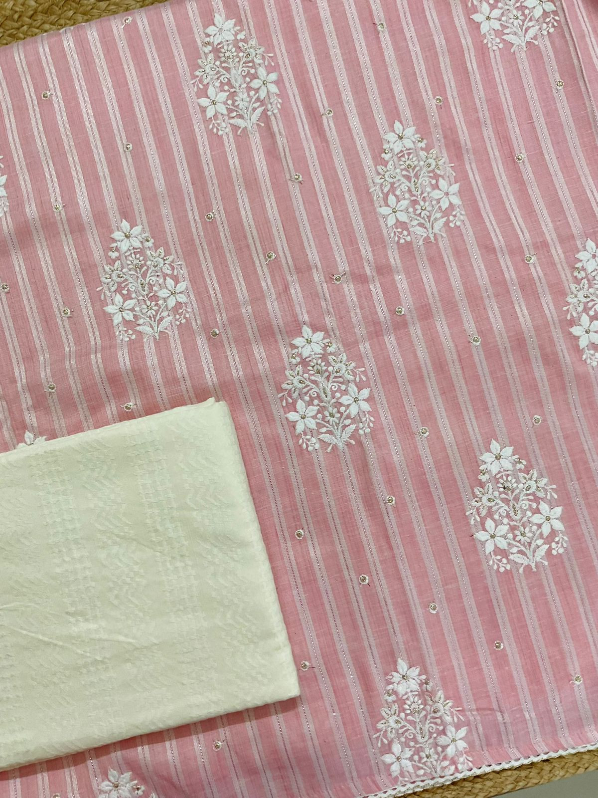 Pure Cotton Self Weaved Embroidered Suit - Pink