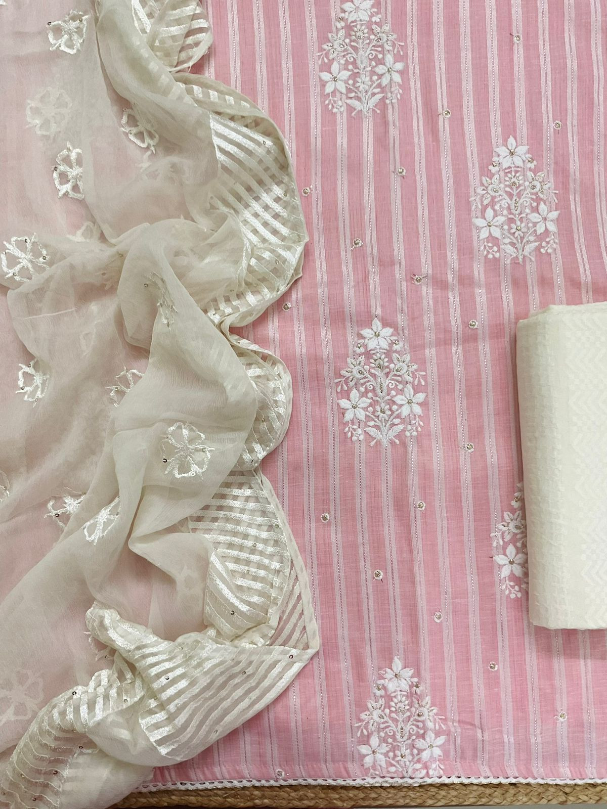 Pure Cotton Self Weaved Embroidered Suit - Pink