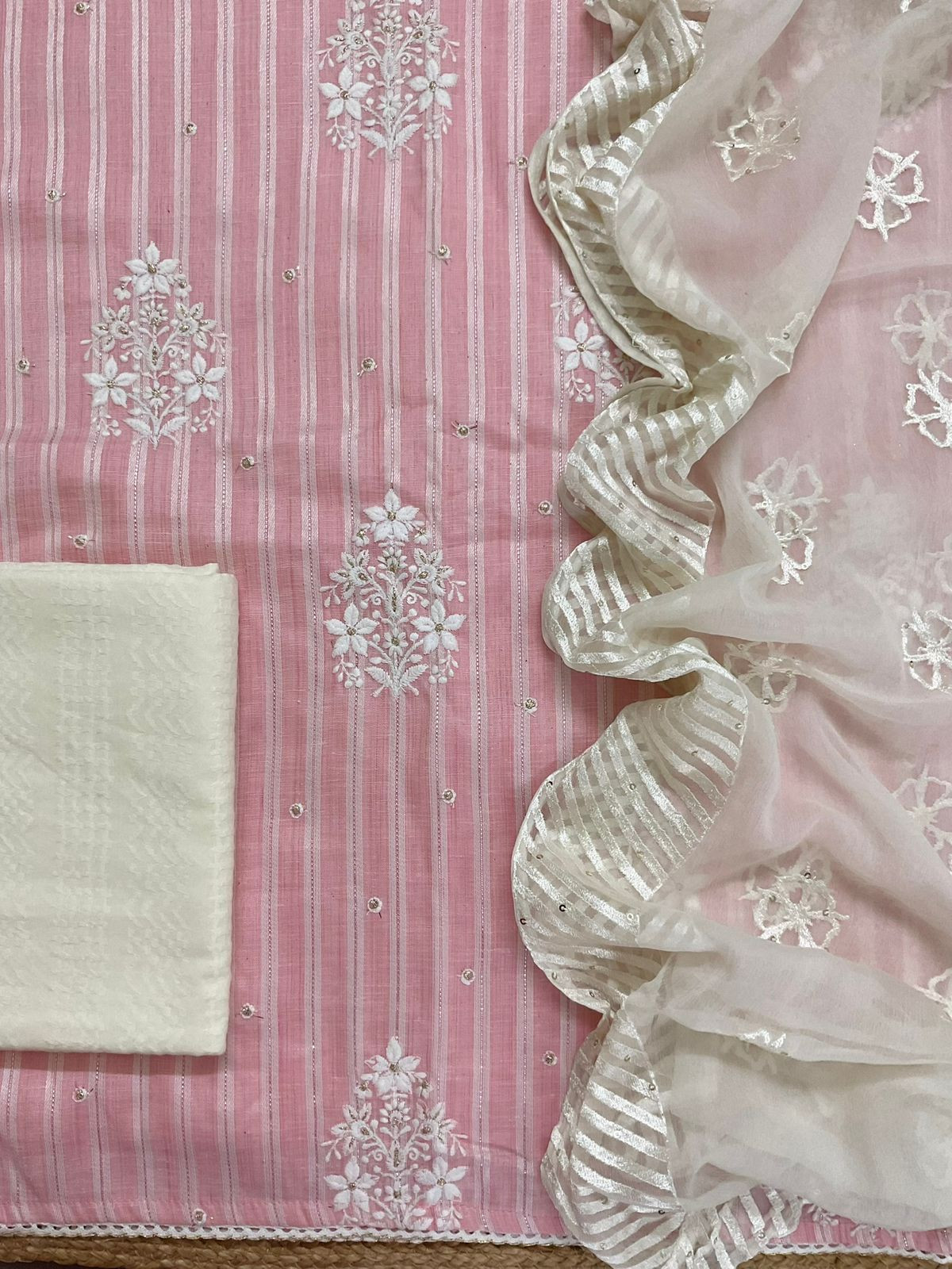 Pure Cotton Self Weaved Embroidered Suit - Pink
