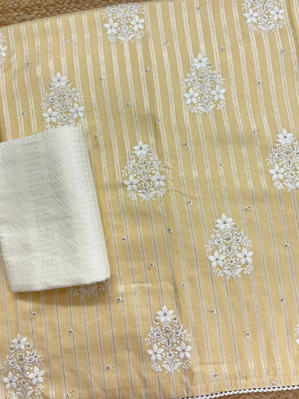 Pure Cotton Self Weaved Embroidered Suit - Yellow