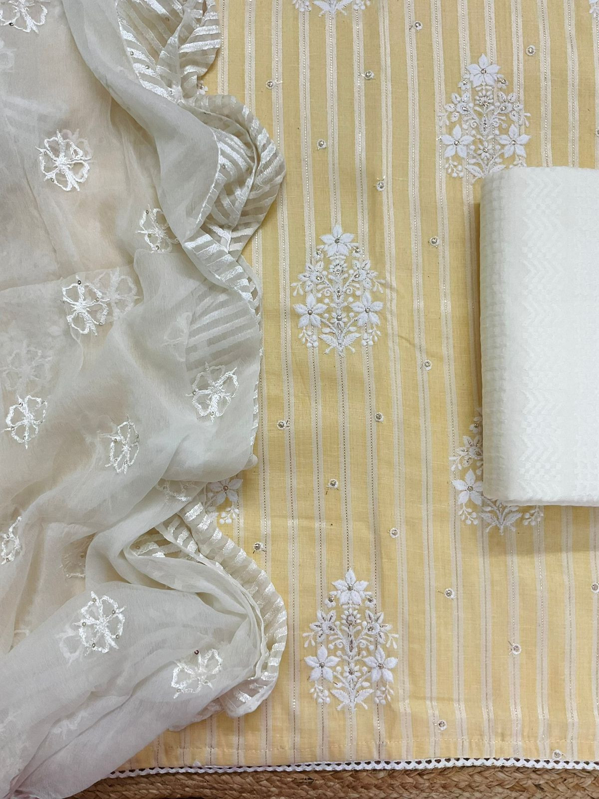 Pure Cotton Self Weaved Embroidered Suit - Yellow