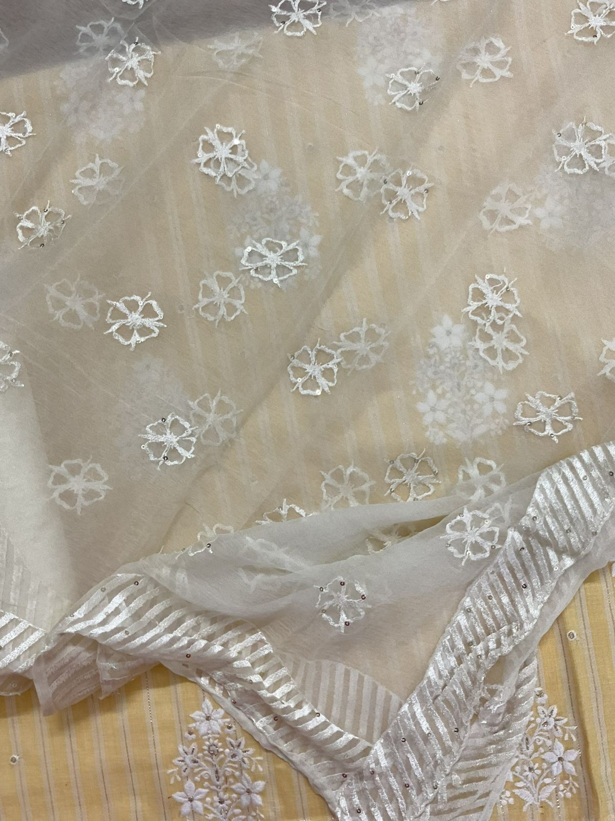 Pure Cotton Self Weaved Embroidered Suit - Yellow