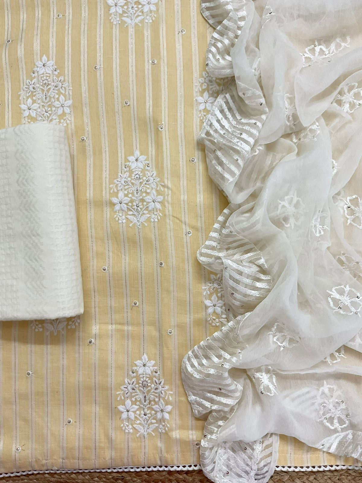 Pure Cotton Self Weaved Embroidered Suit - Yellow