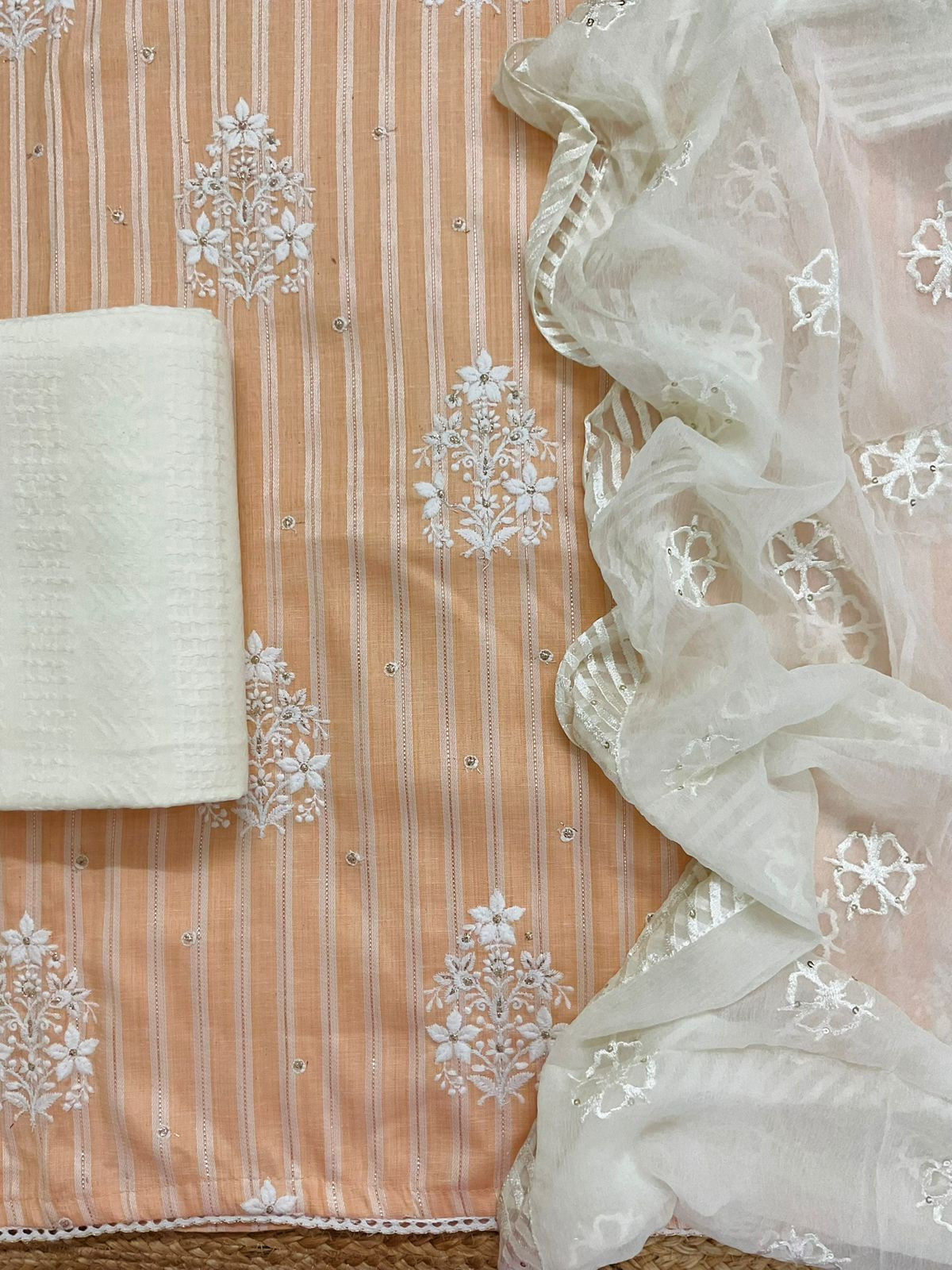 Pure Cotton Self Weaved Embroidered Suit - Peach