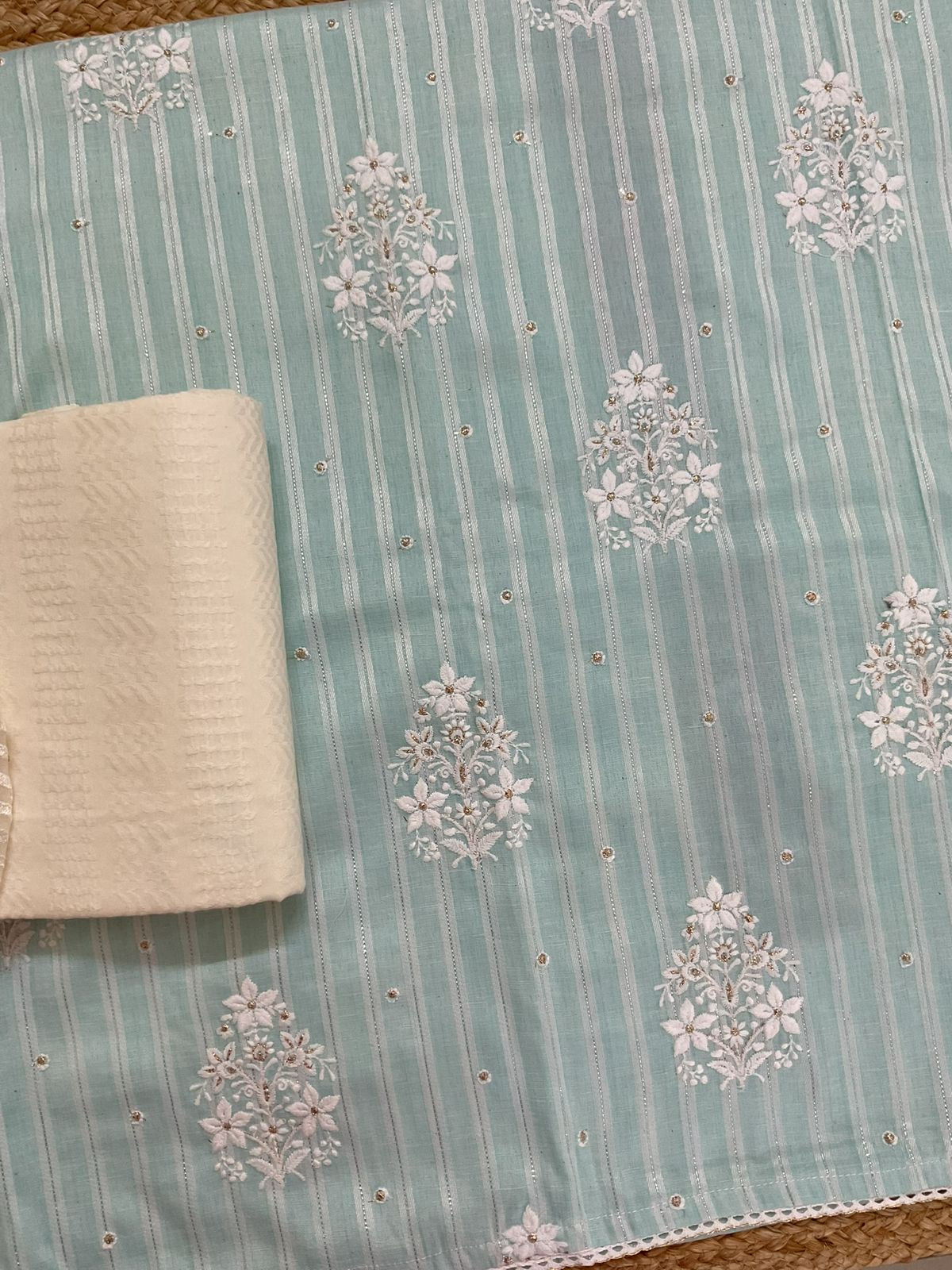 Pure Cotton Self Weaved Embroidered Suit - Blue