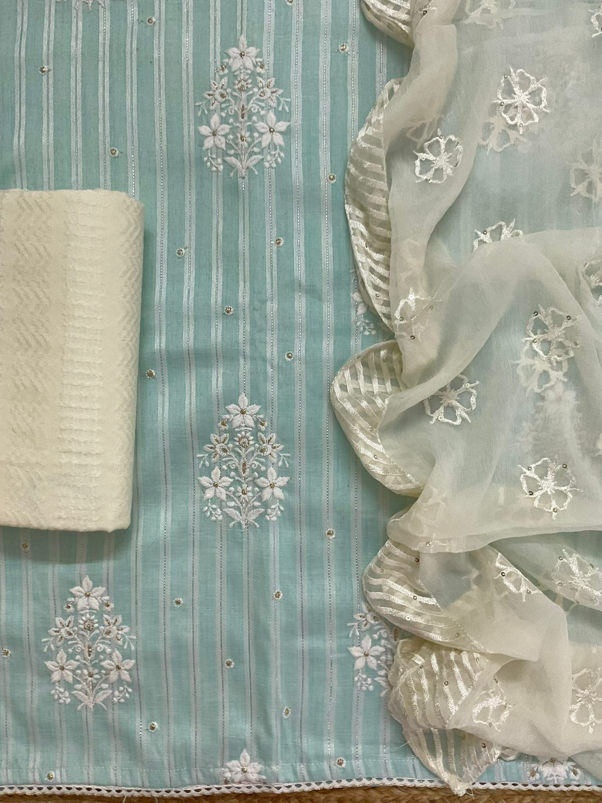 Pure Cotton Self Weaved Embroidered Suit - Blue