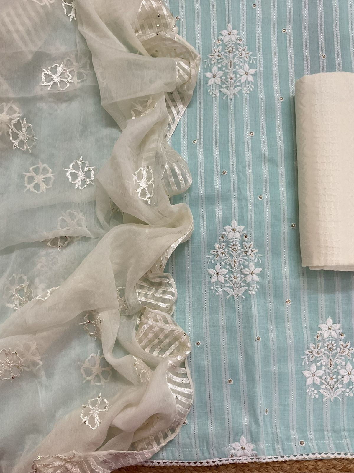 Pure Cotton Self Weaved Embroidered Suit - Blue