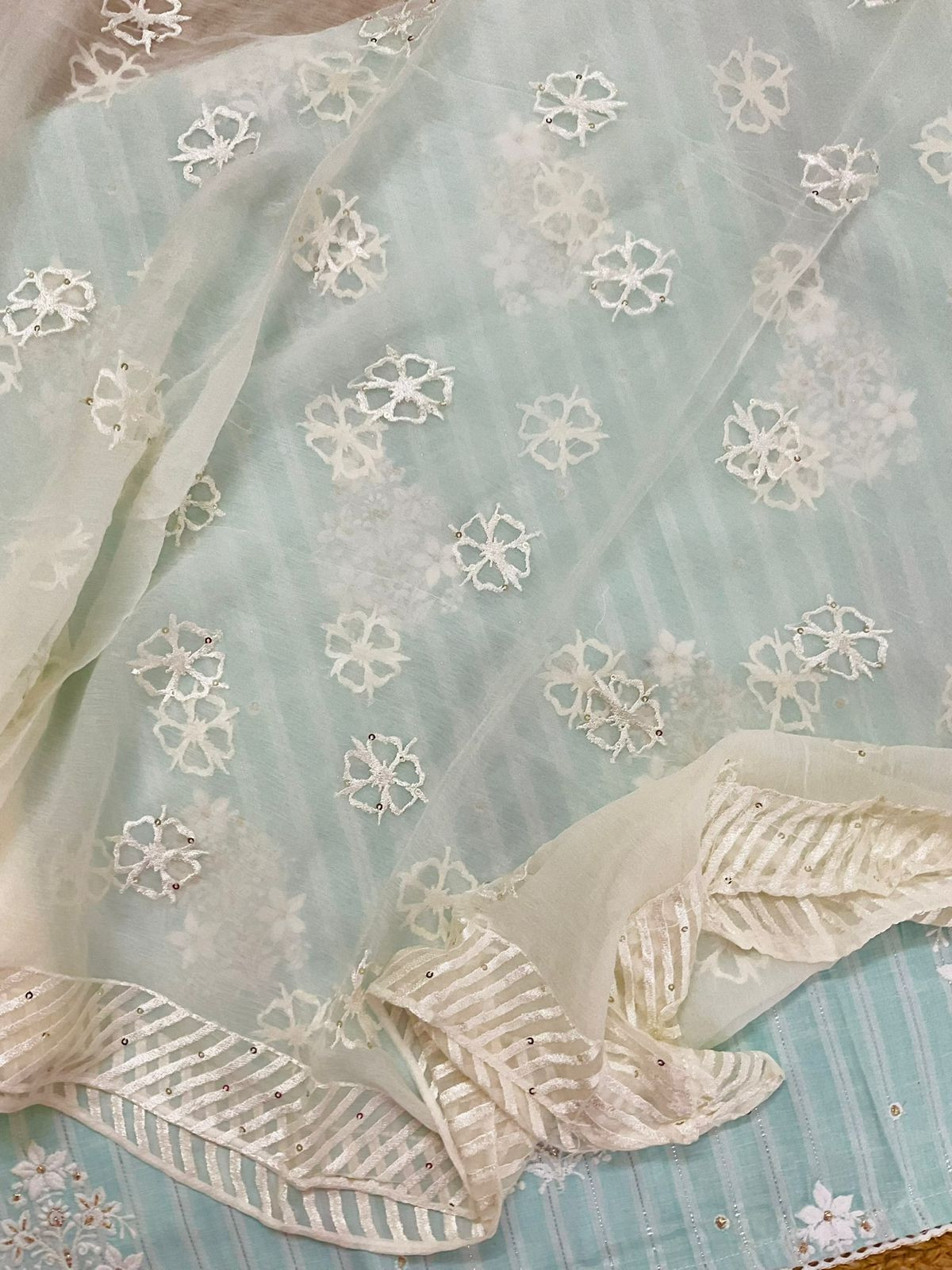 Pure Cotton Self Weaved Embroidered Suit - Blue