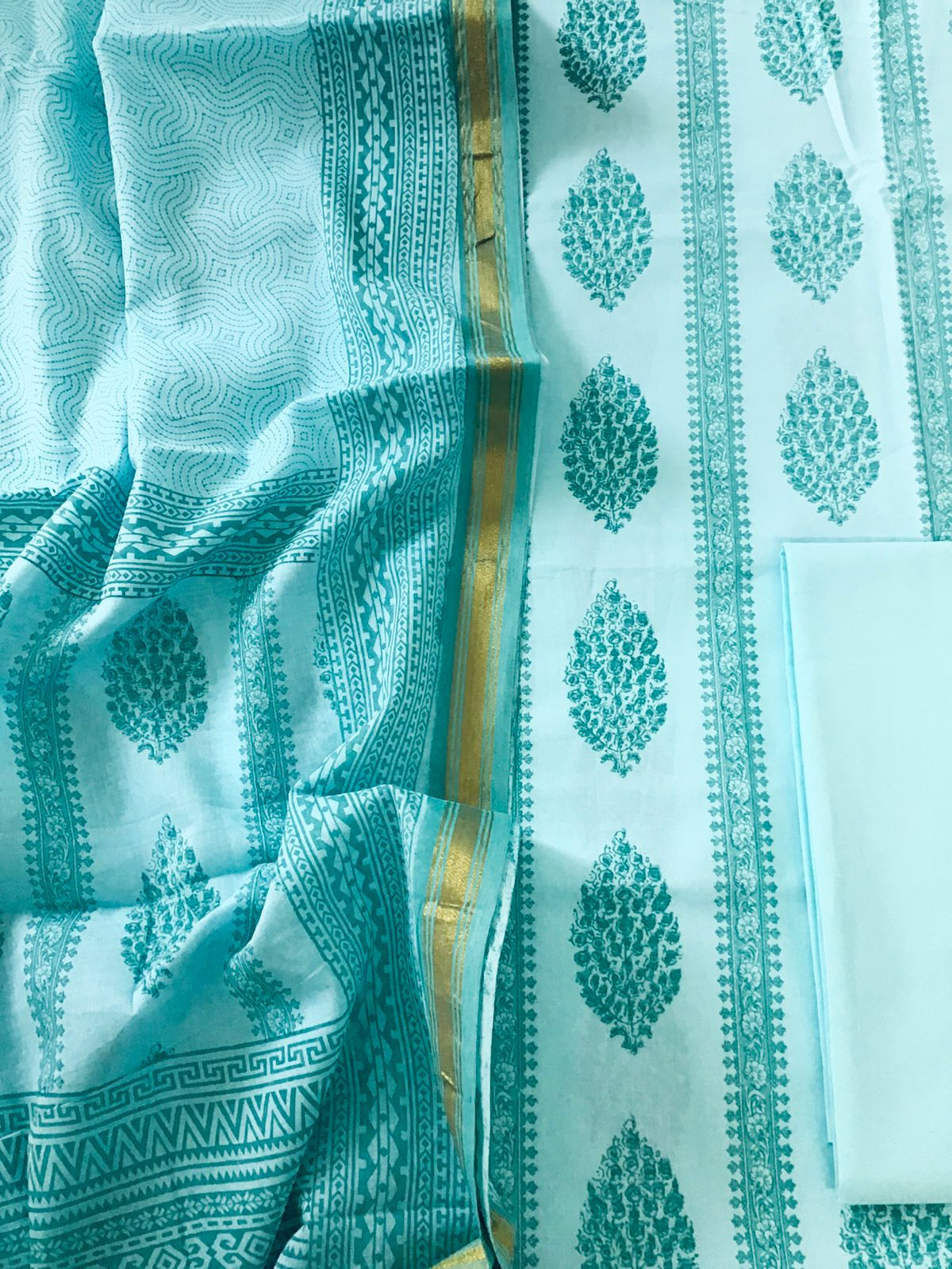 Pure Cotton Printed Suit - Sea Blue