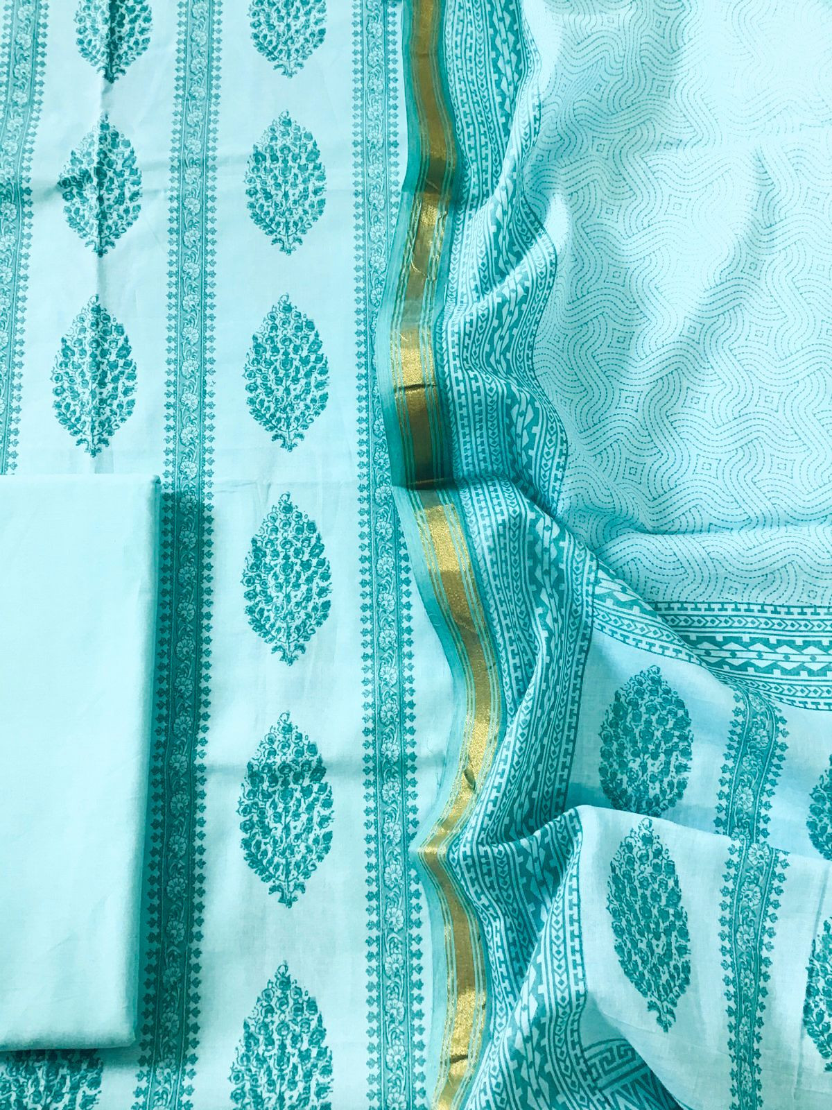 Pure Cotton Printed Suit - Sea Blue