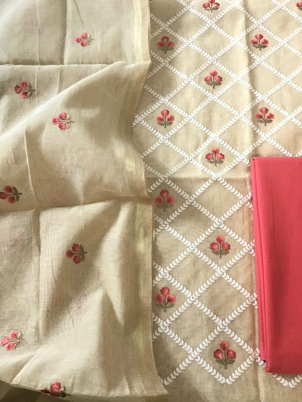 Soft Chanderi Embroidered Suit - Beige