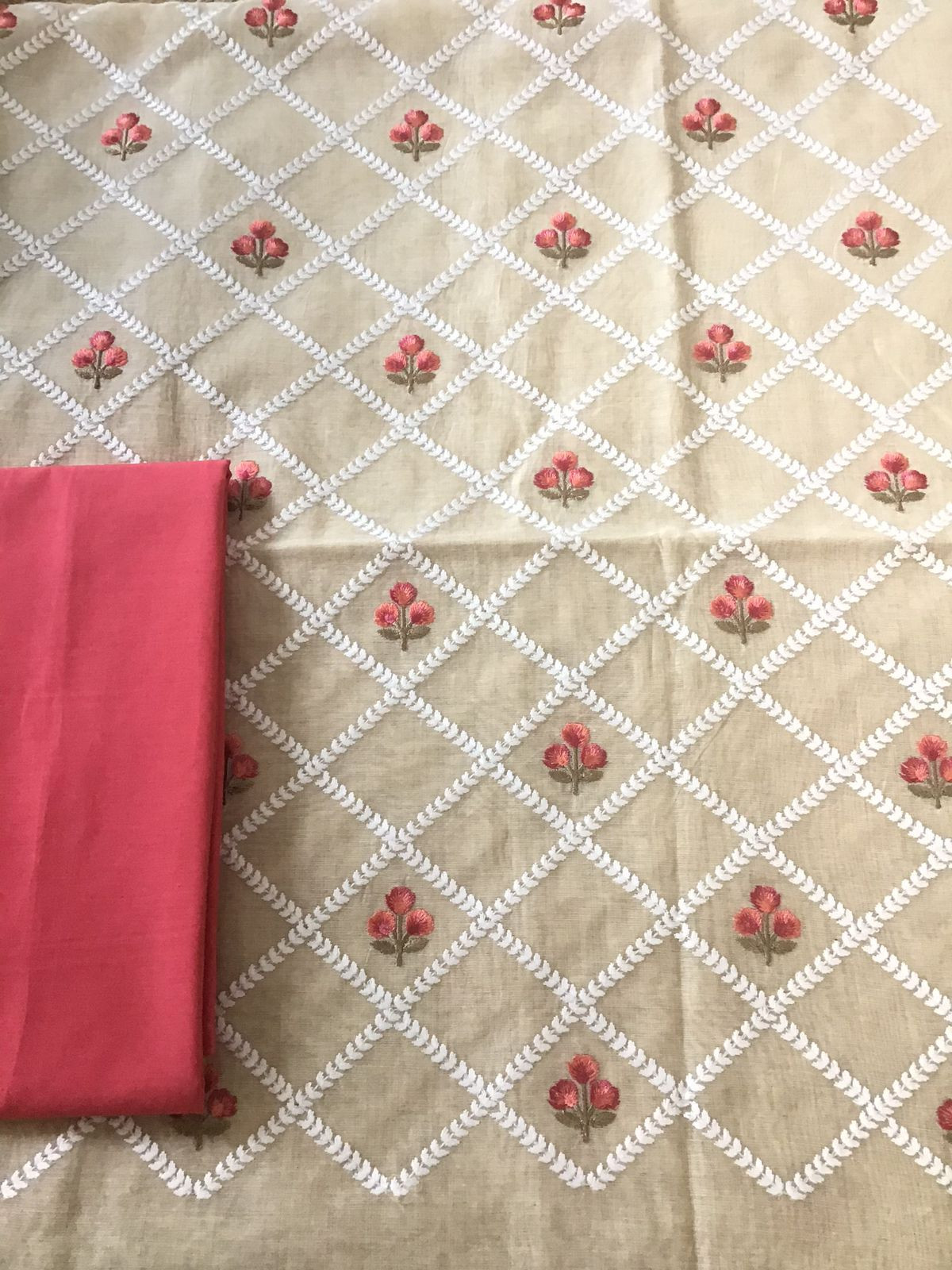 Soft Chanderi Embroidered Suit - Beige