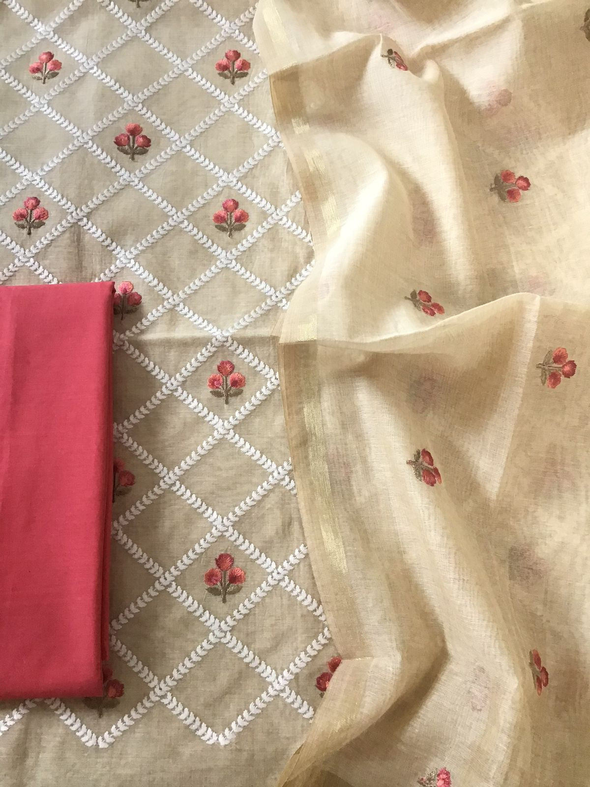 Soft Chanderi Embroidered Suit - Beige