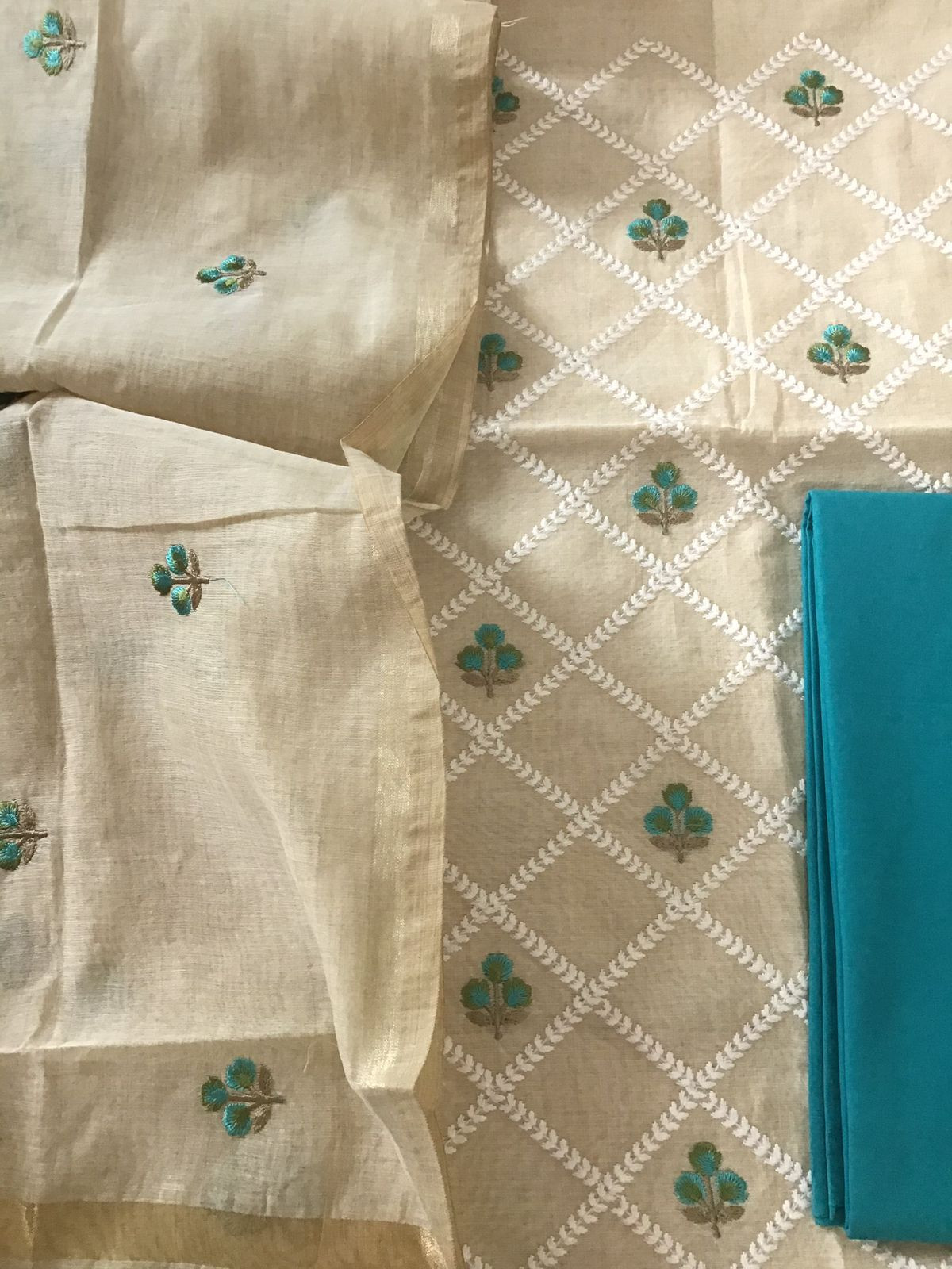 Soft Chanderi Embroidered Suit - Beige