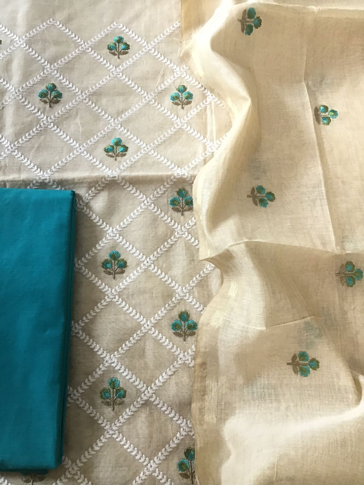 Soft Chanderi Embroidered Suit - Beige