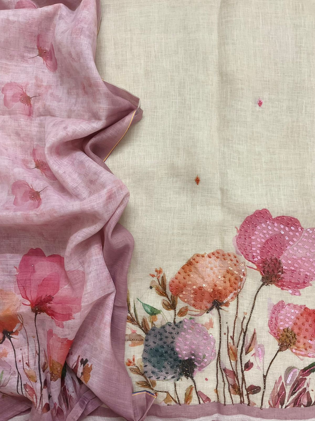 Soft Linen Jute Cotton Printed Embroidered Suit - Beige