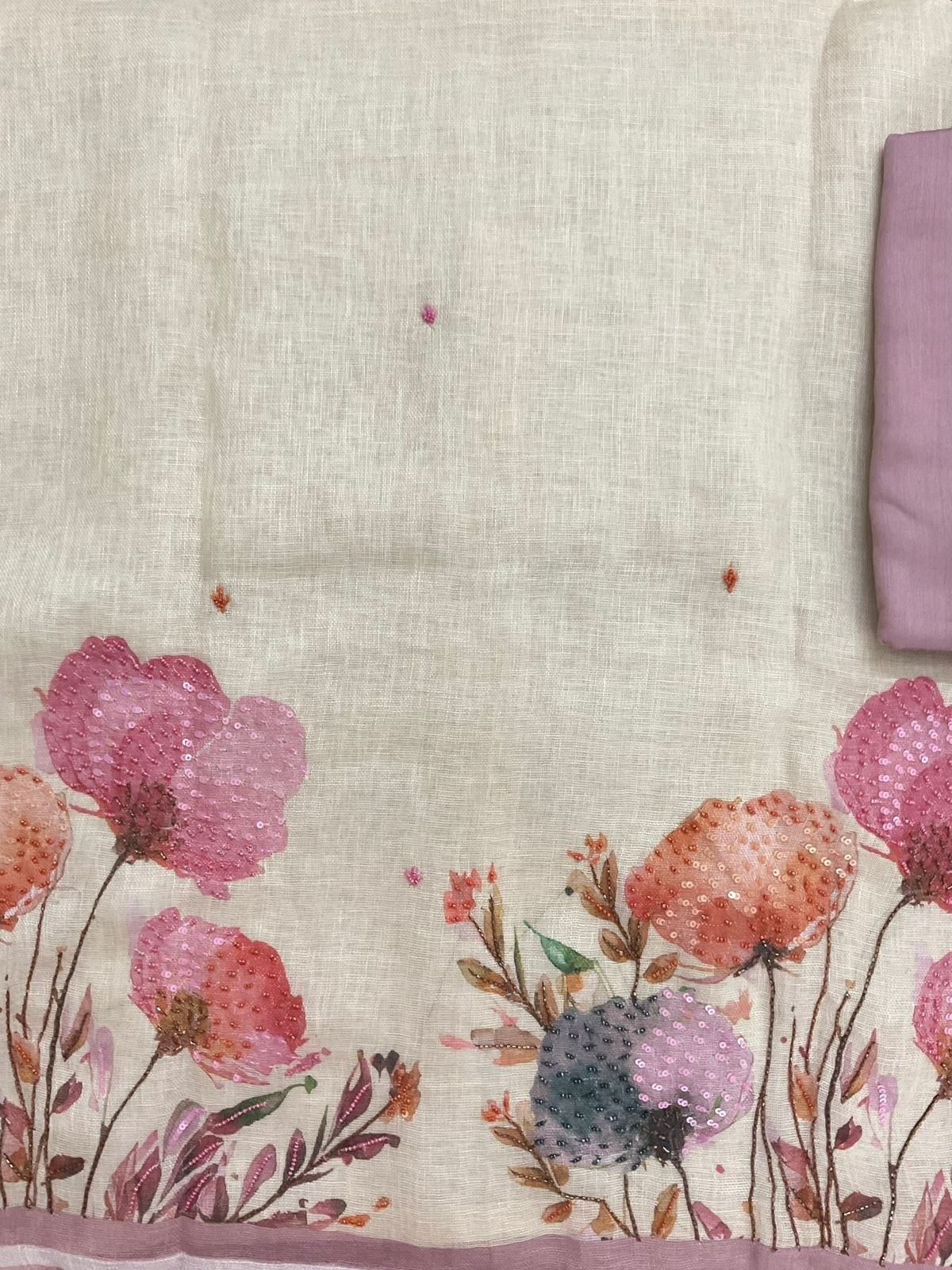 Soft Linen Jute Cotton Printed Embroidered Suit - Beige