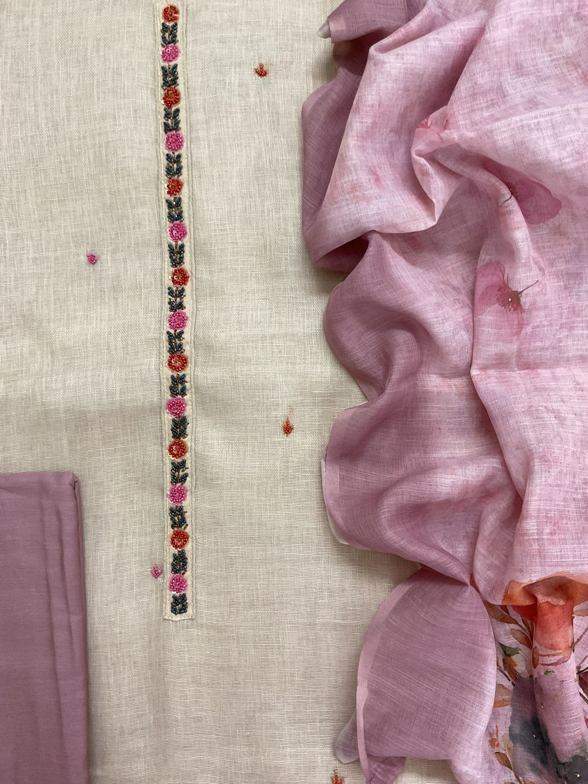 Soft Linen Jute Cotton Printed Embroidered Suit - Beige