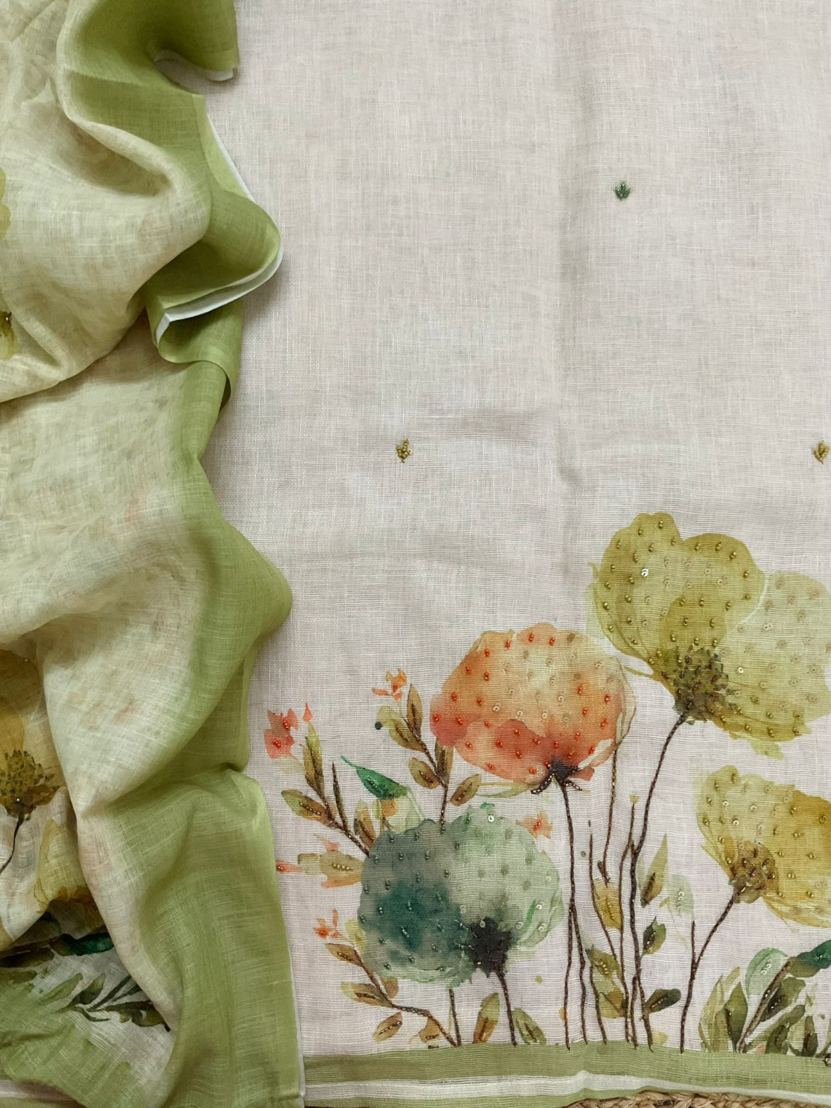 Soft Linen Jute Cotton Printed Embroidered Suit - Beige