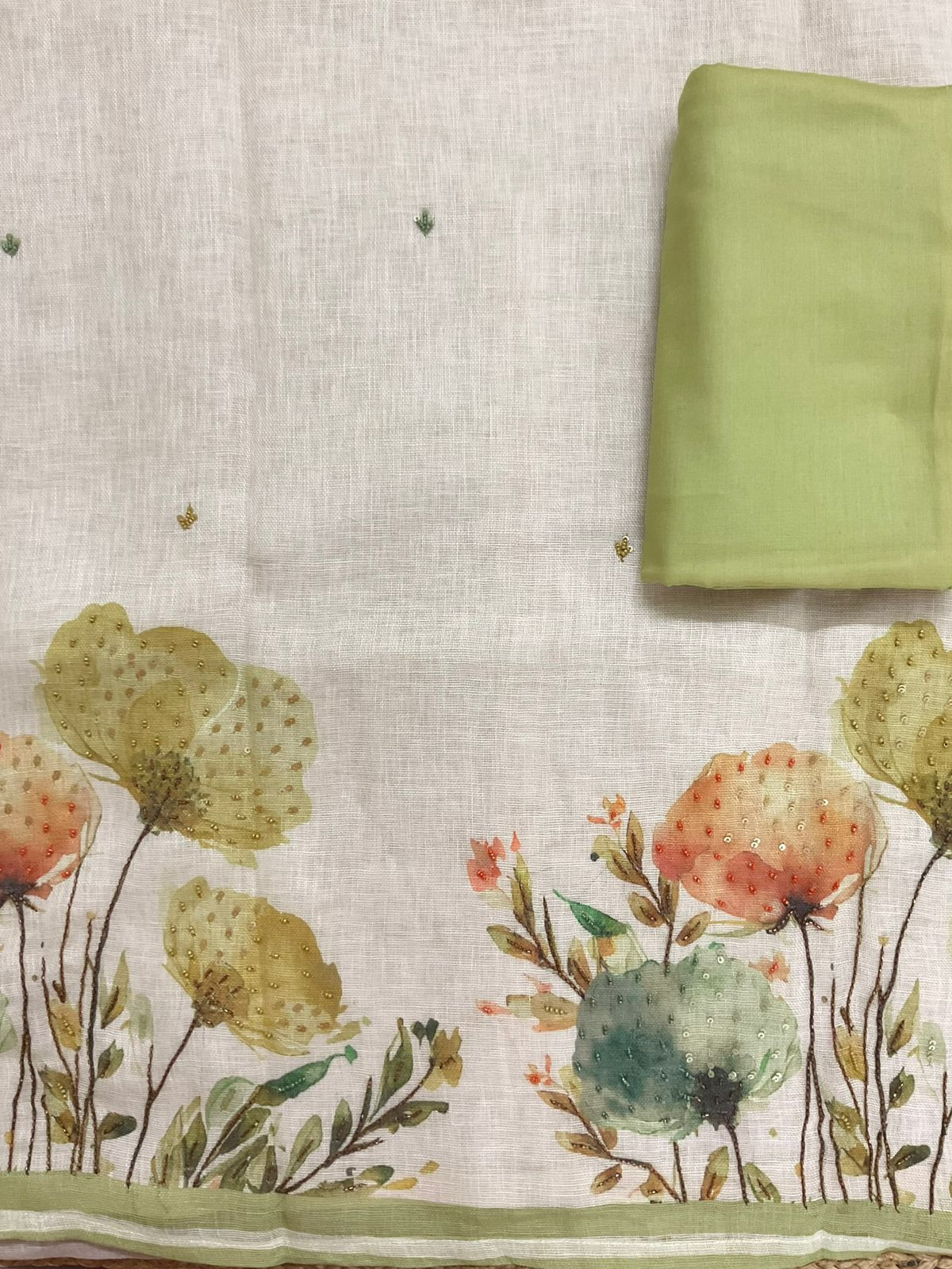 Soft Linen Jute Cotton Printed Embroidered Suit - Beige