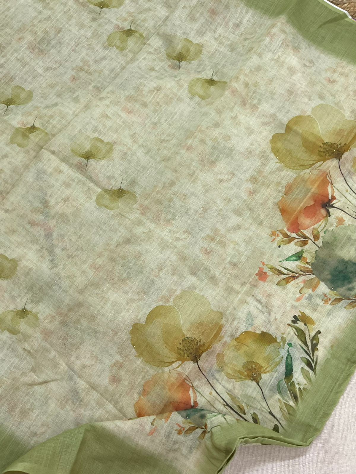 Soft Linen Jute Cotton Printed Embroidered Suit - Beige