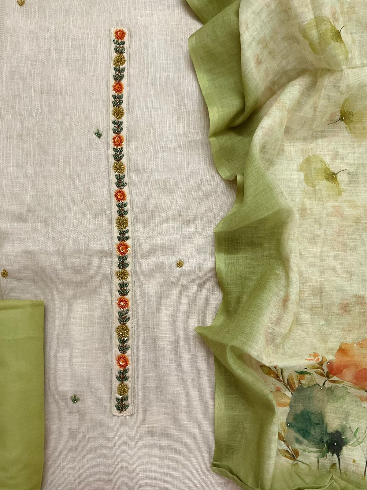 Soft Linen Jute Cotton Printed Embroidered Suit - Beige