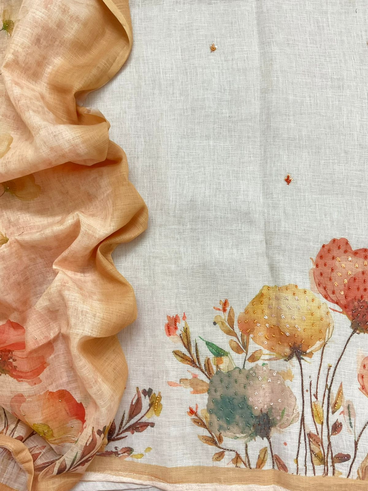 Soft Linen Jute Cotton Printed Embroidered Suit - Beige