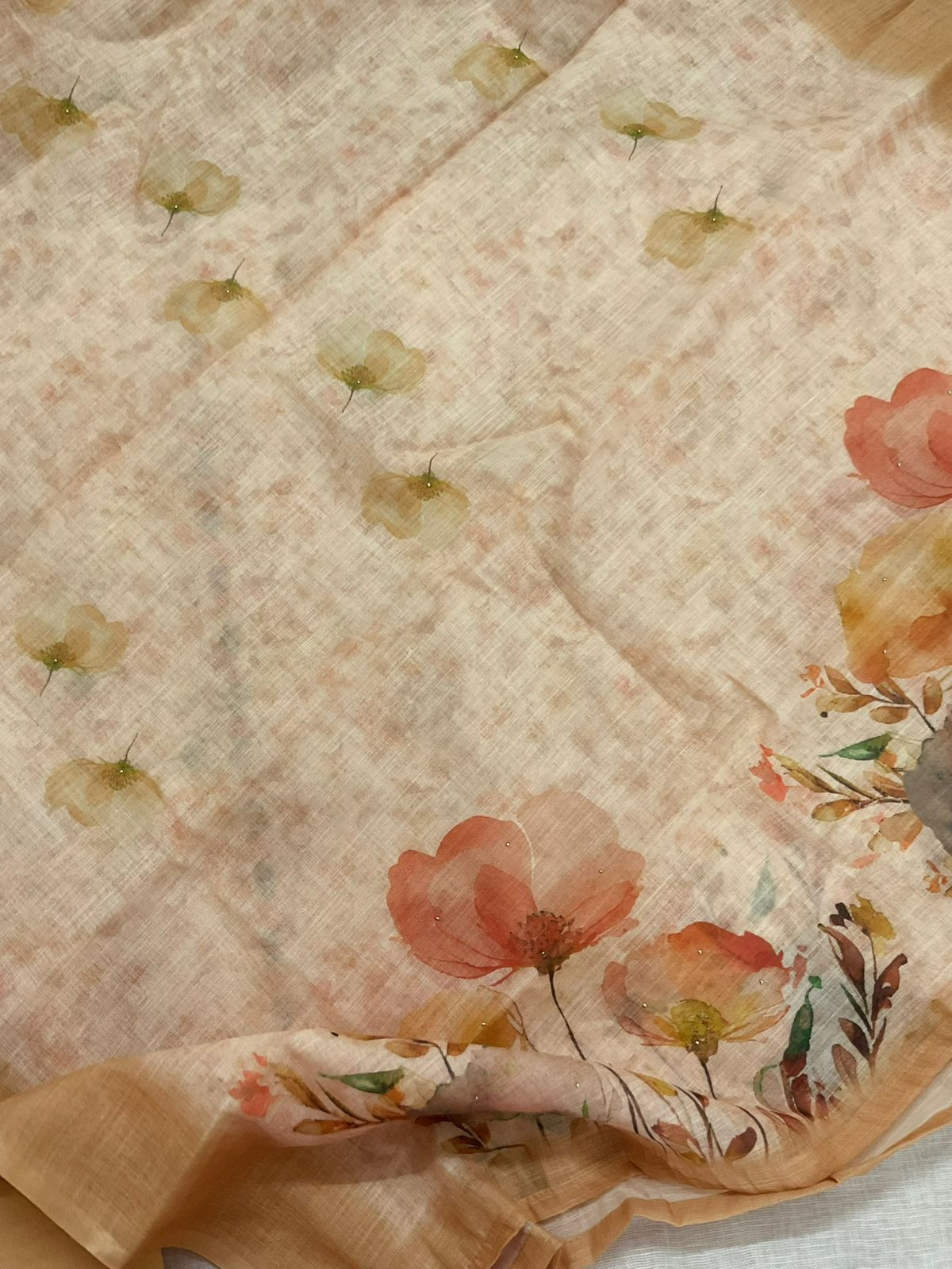 Soft Linen Jute Cotton Printed Embroidered Suit - Beige